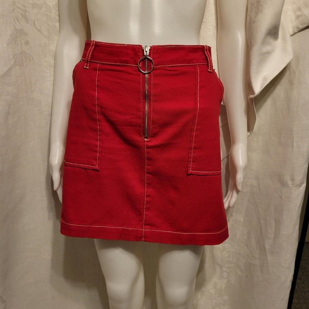 Blue spice red denim mini skirt, size 11